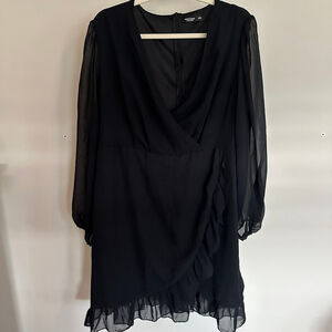 Women's SHEIN Black Sheer Dress V Neck Ruffles Wrap Style Size 1XL